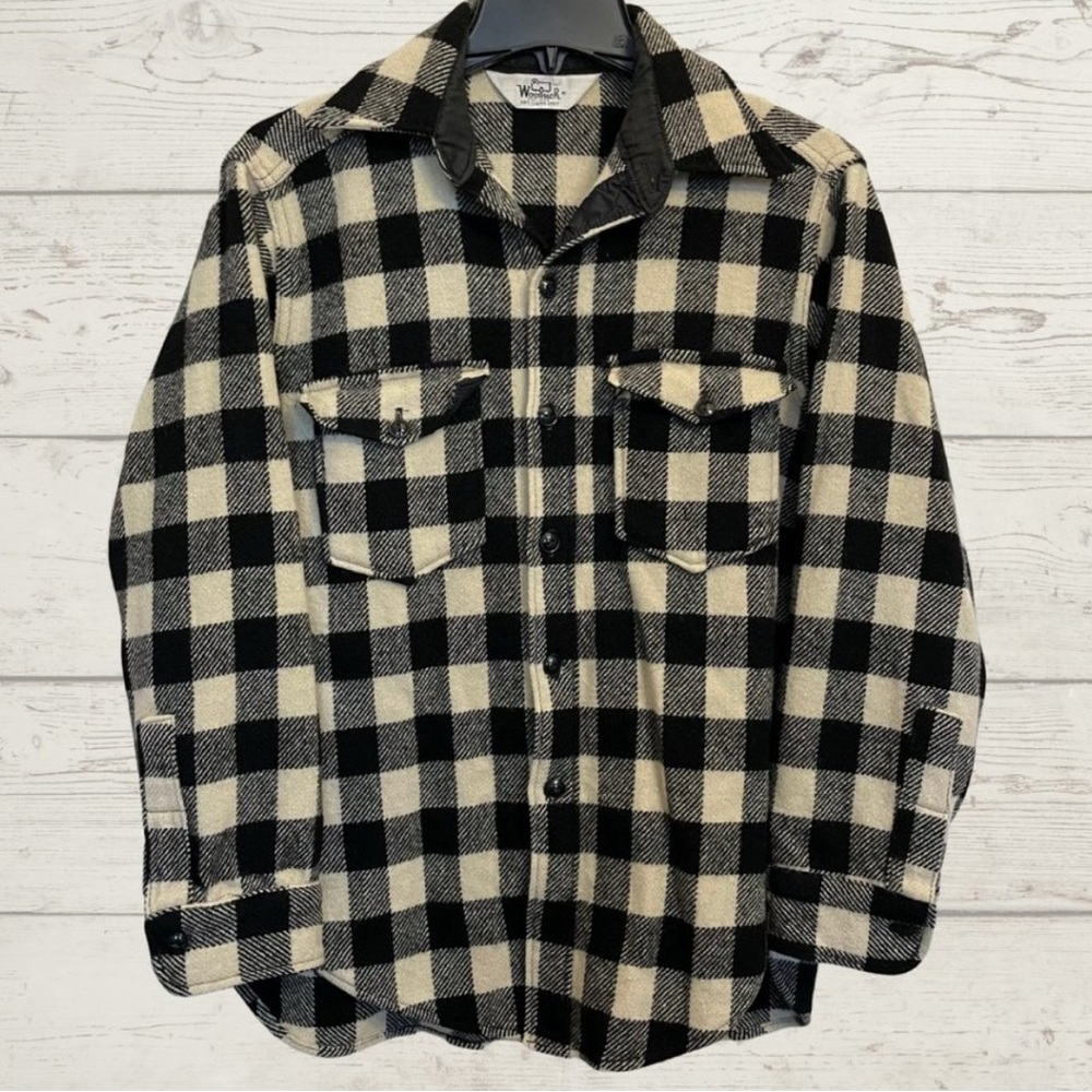 Vintage Woolrich Wool Black and Cream Plaid Check Flannel Shirt Jacket